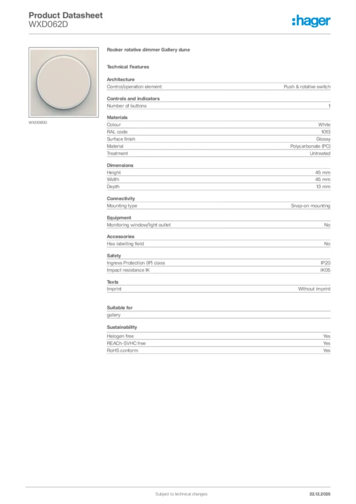 Image Hager Product data sheet WXD062D  | Hager Africa