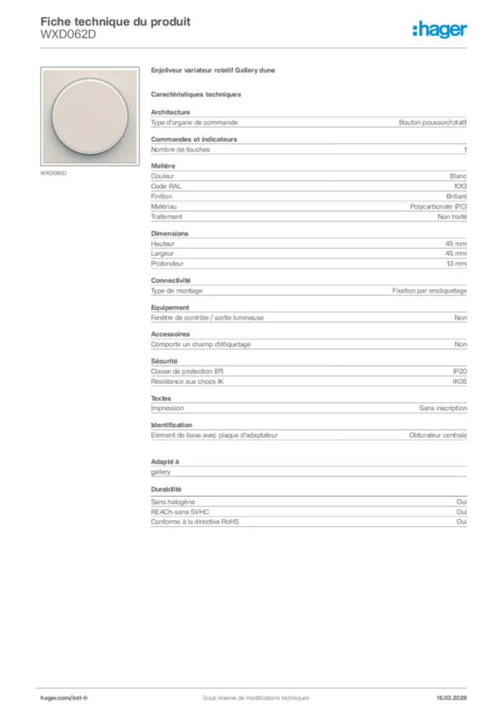 Image Hager Fiche technique du produit WXD062D | Hager Afrique