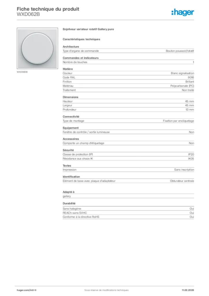 Image Hager Fiche technique du produit WXD062B | Hager Afrique
