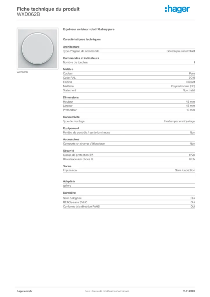 Image Hager Fiche technique du produit WXD062B | Hager France