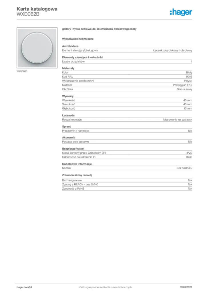 Zdjęcie Hager Karta katalogowa WXD062B | Hager Polska