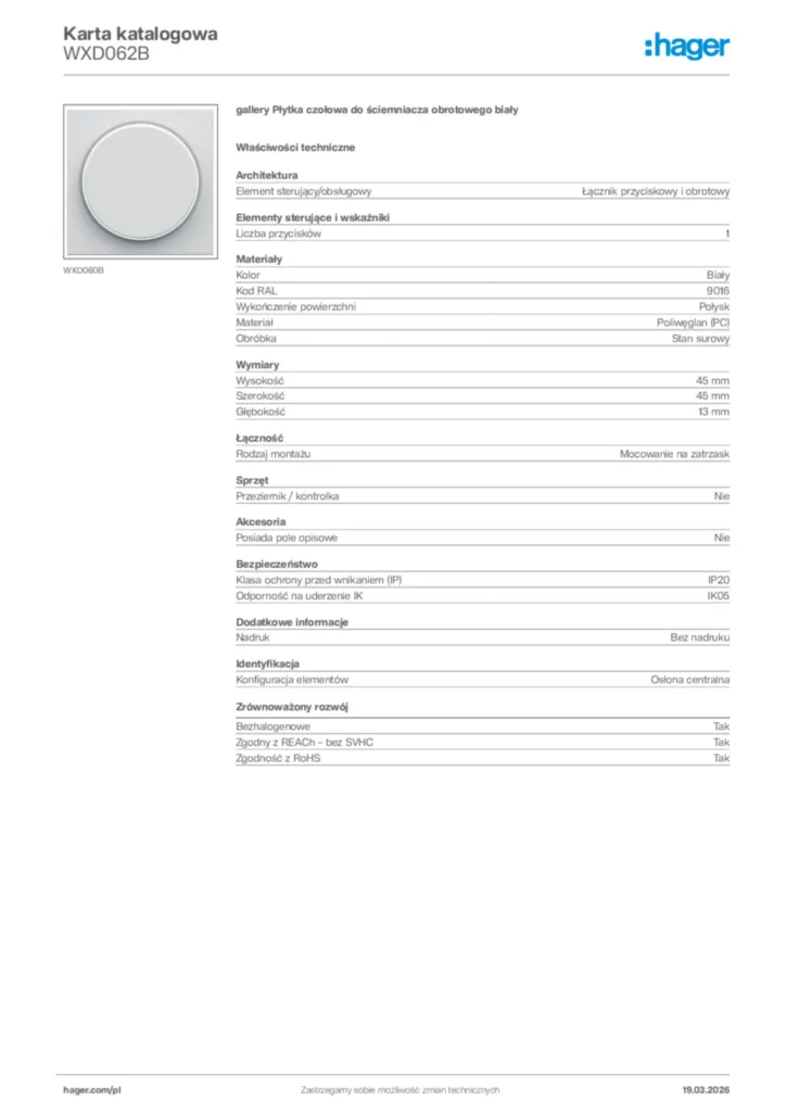 Zdjęcie Hager Karta katalogowa WXD062B | Hager Polska