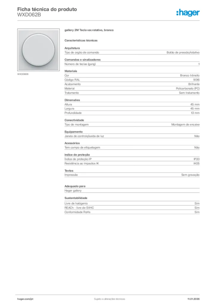 Imagem Hager Ficha técnica do produto WXD062B | Hager Portugal