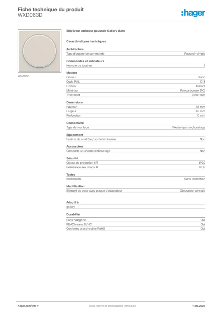 Image Hager Fiche technique du produit WXD063D | Hager Afrique