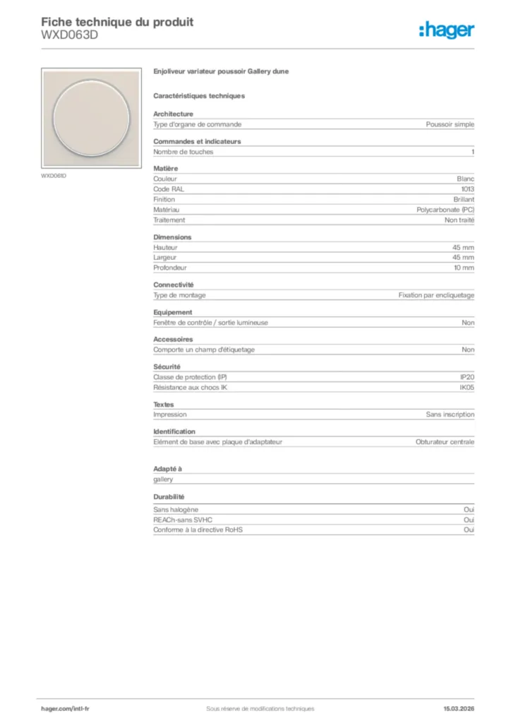 Image Hager Fiche technique du produit WXD063D | Hager Afrique