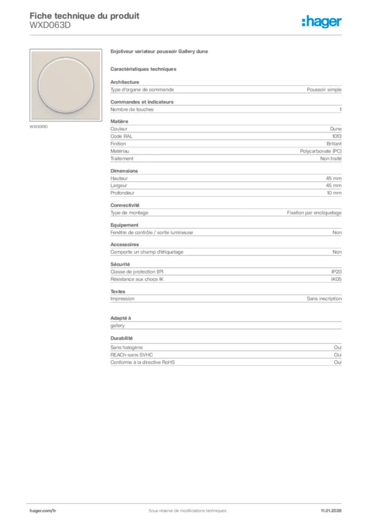 Image Hager Fiche technique du produit WXD063D | Hager France