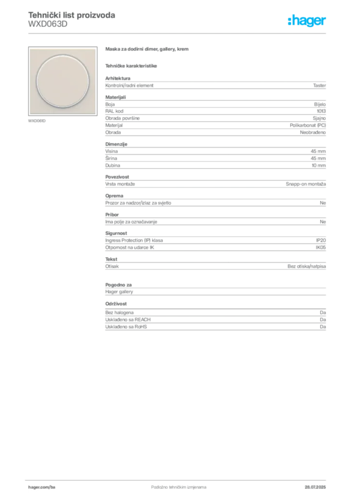 Slika Hager Product data sheet WXD063D  | Hager