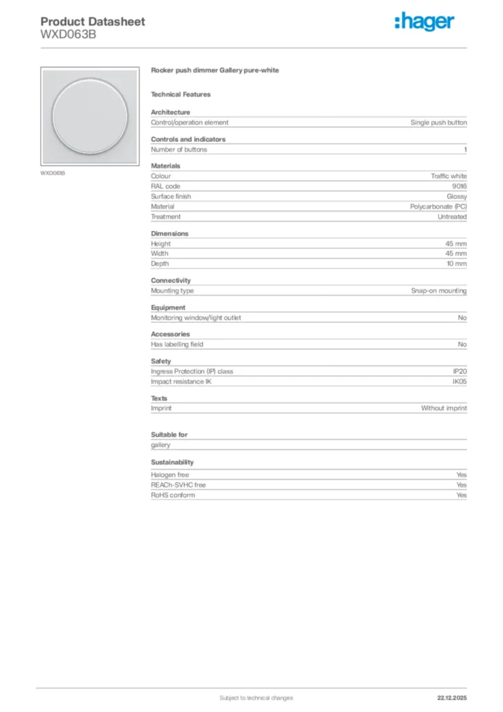 Image Hager Product data sheet WXD063B  | Hager Africa