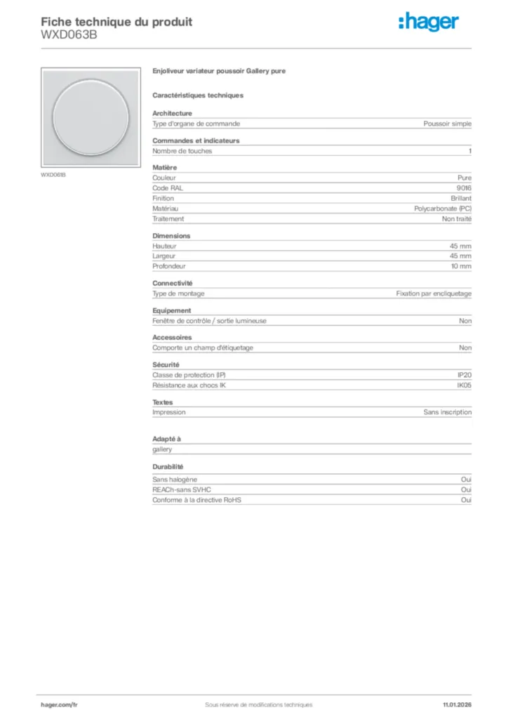 Image Hager Fiche technique du produit WXD063B | Hager France