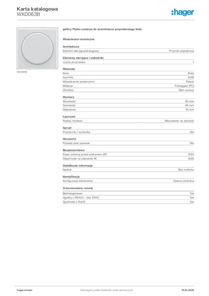 Zdjęcie Hager Karta katalogowa WXD063B | Hager Polska