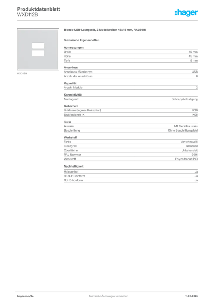 Bild Hager Produktdatenblatt WXD112B | Hager Deutschland