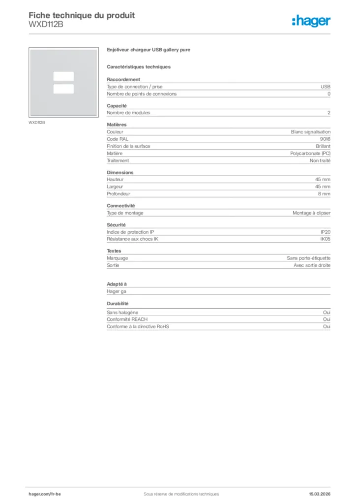 Image Hager Fiche technique du produit WXD112B | Hager Belgique