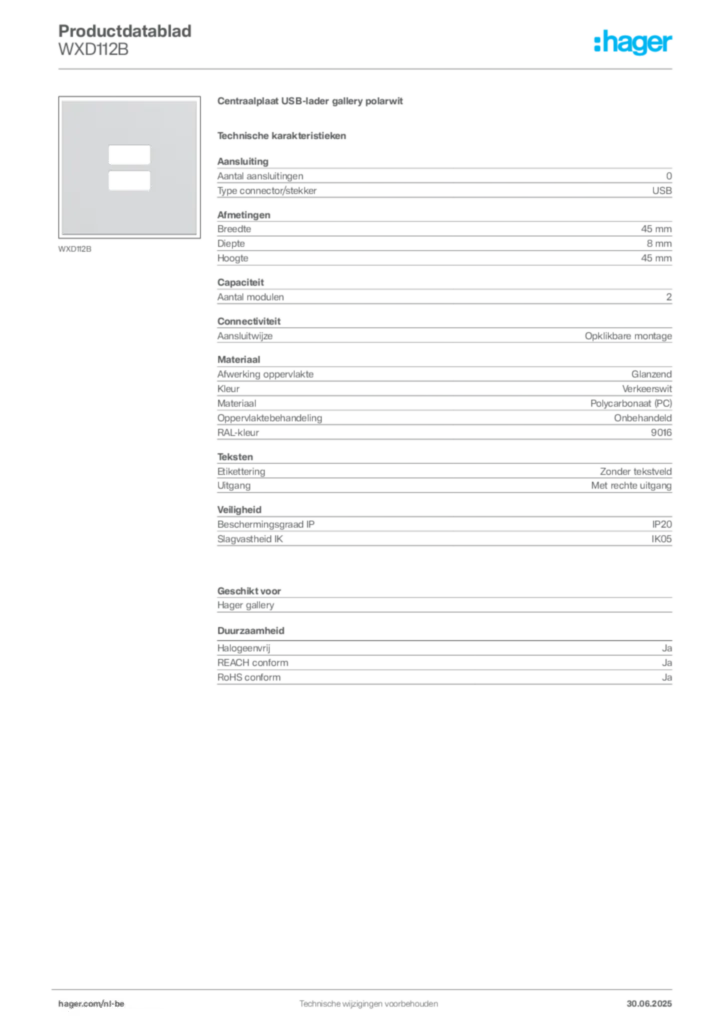 Afbeelding Hager Productdatablad WXD112B | Hager Belgium