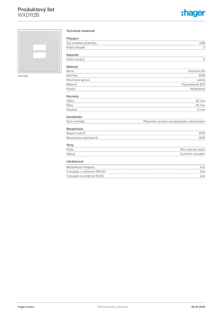 Obrázek Hager Product data sheet WXD112B | Hager