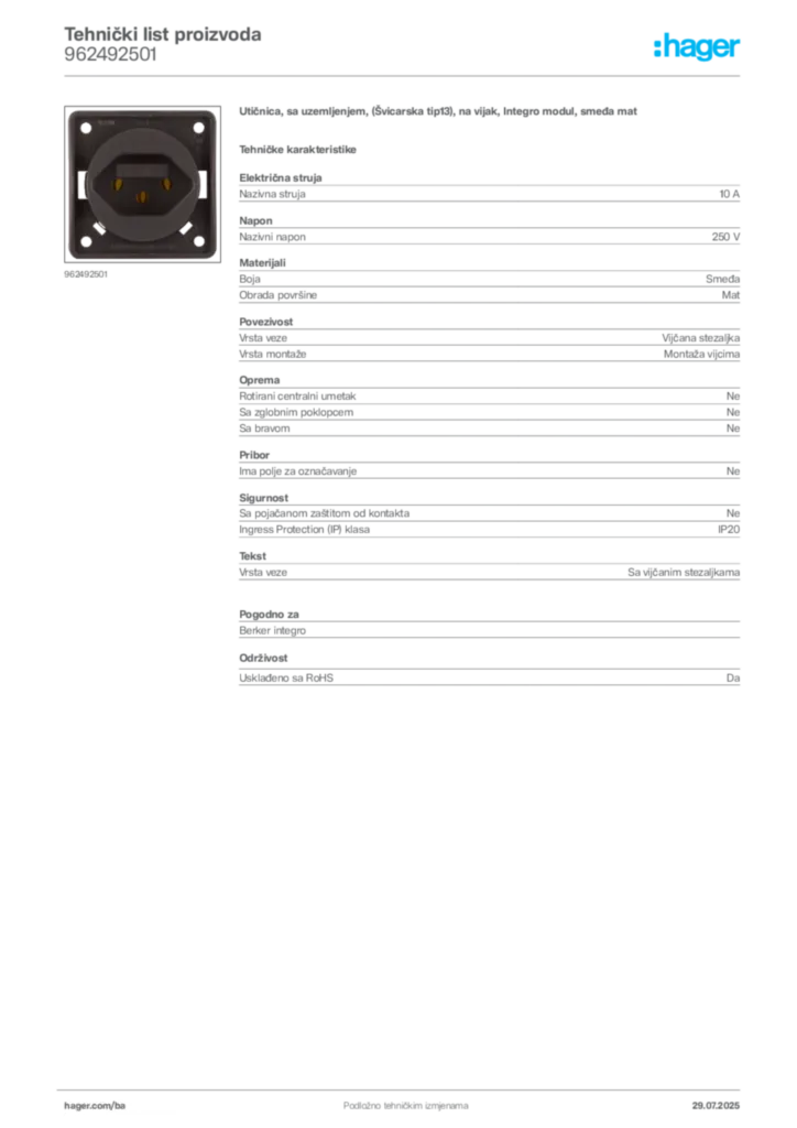 Slika Hager Product data sheet 962492501  | Hager