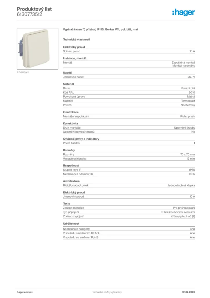Obrázek Hager Product data sheet 6130773512 | Hager