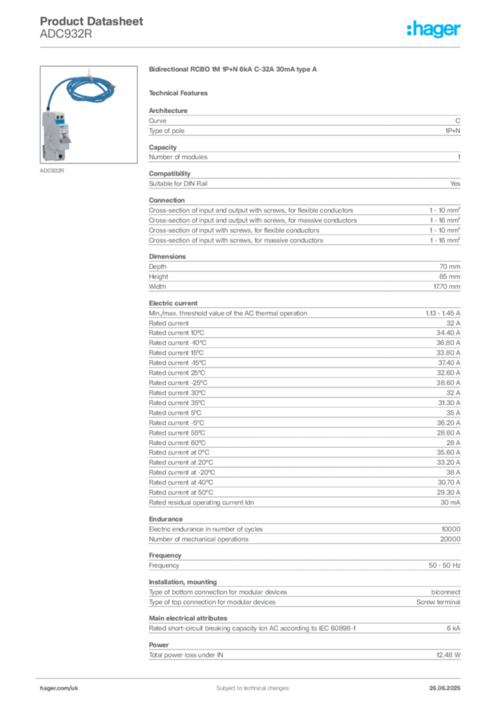 Image Hager Product data sheet ADC932R  | Hager