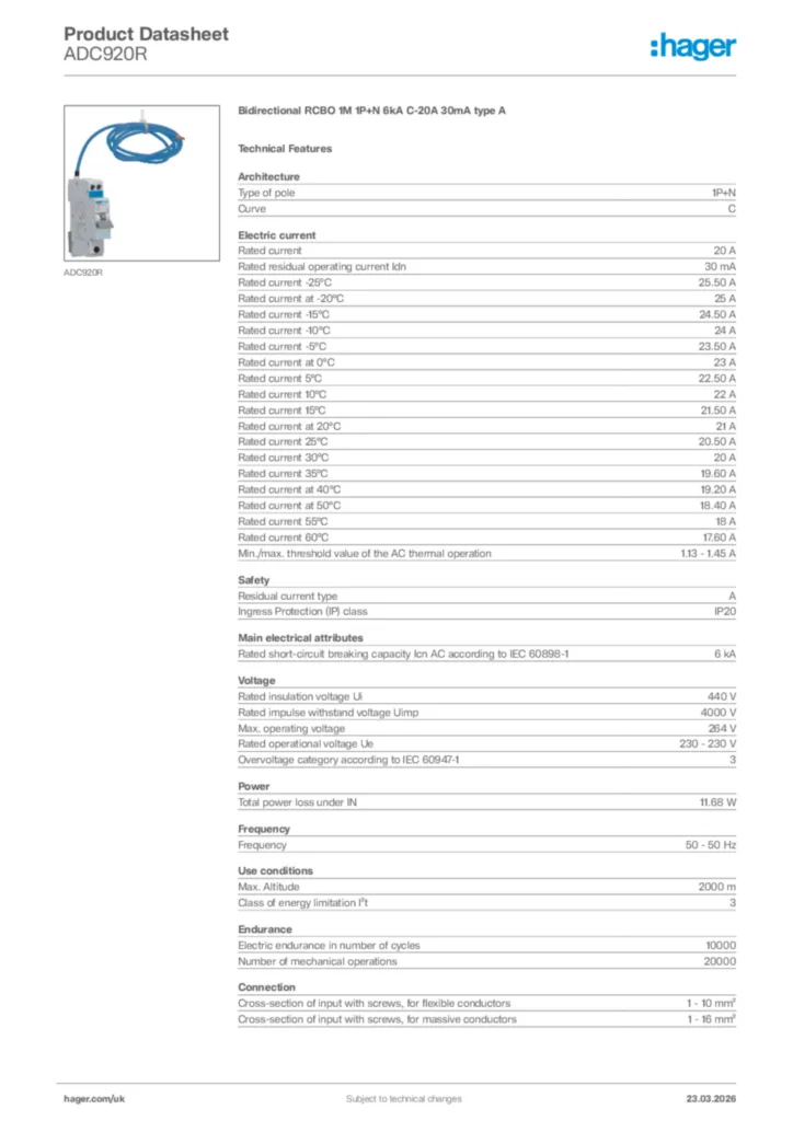 Image Hager Product data sheet ADC920R  | Hager