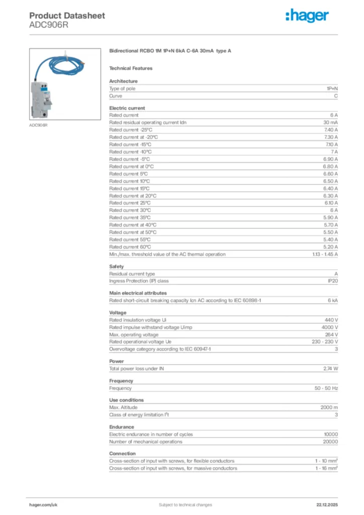 Image Hager Product data sheet ADC906R  | Hager