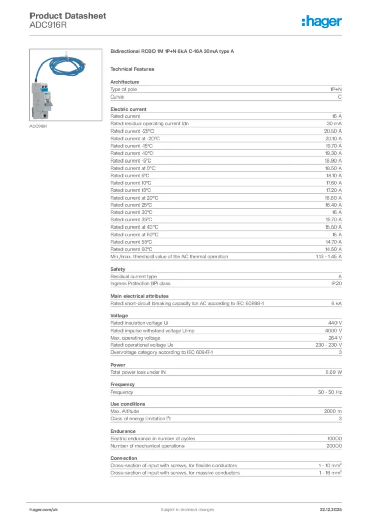 Image Hager Product data sheet ADC916R  | Hager