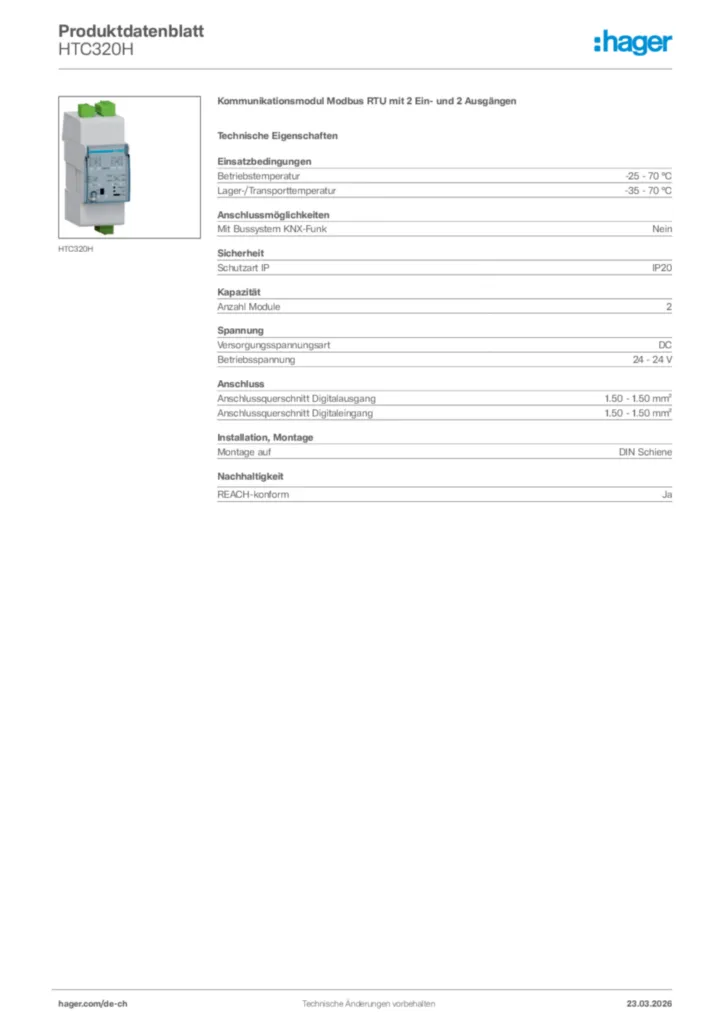 Bild Hager Produktdatenblatt HTC320H | Hager Schweiz