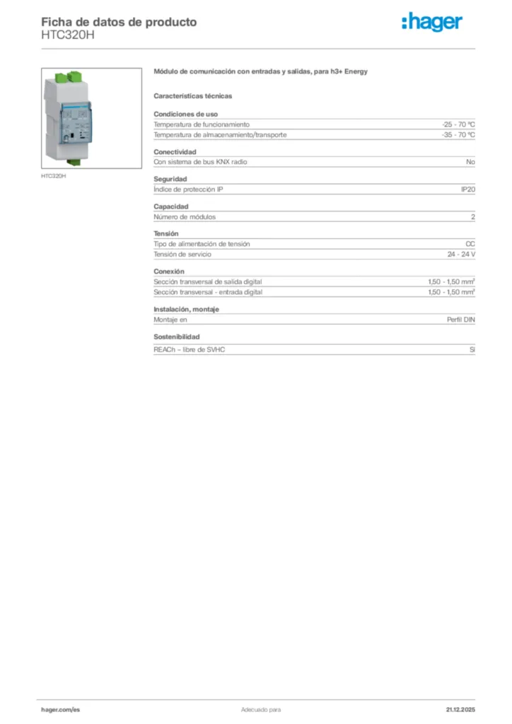 Imagen Hager Ficha de datos de producto HTC320H | Hager España