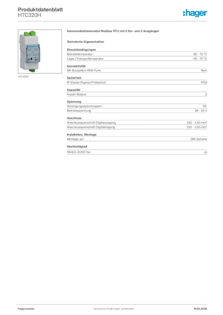Bild Hager Produktdatenblatt HTC320H | Hager Deutschland