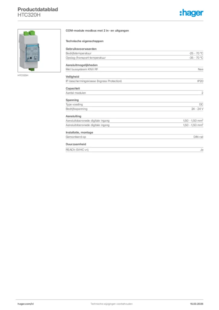 Afbeelding Hager Productdatablad HTC320H | Hager Nederland
