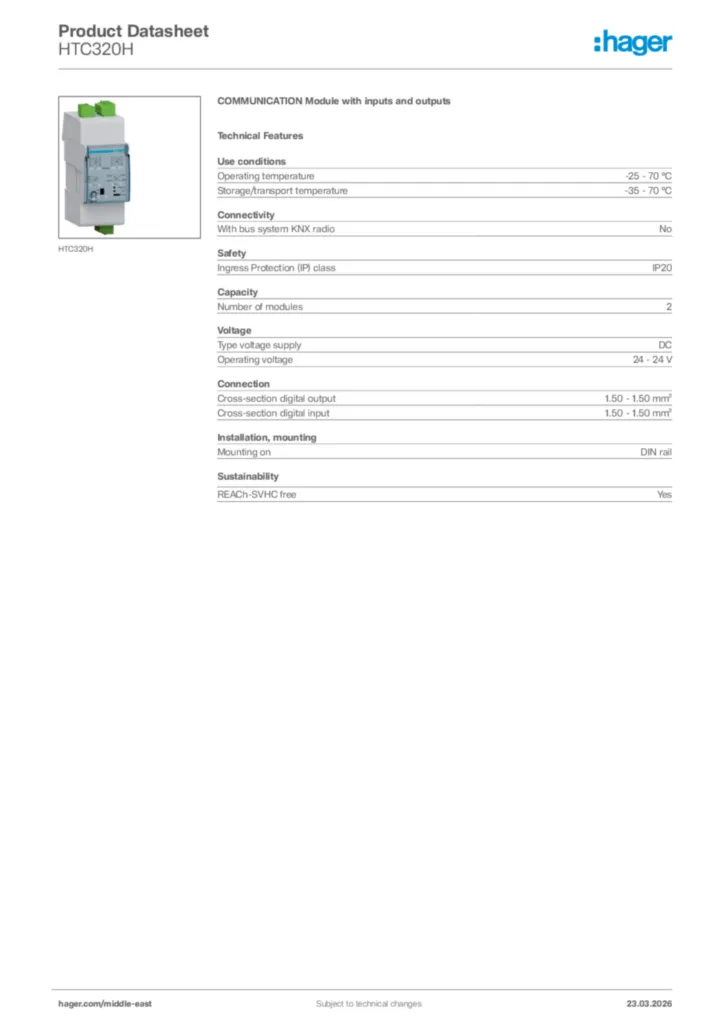 Image Hager Product data sheet HTC320H  | Hager