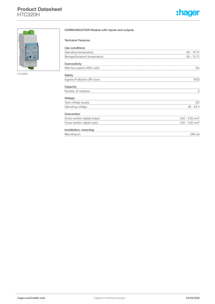 Image Hager Product data sheet HTC320H  | Hager