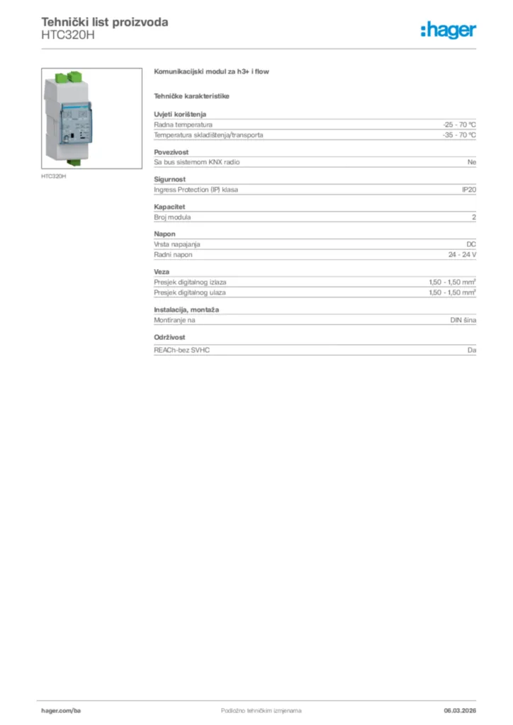 Slika Hager Tehnički list proizvoda HTC320H  | Hager