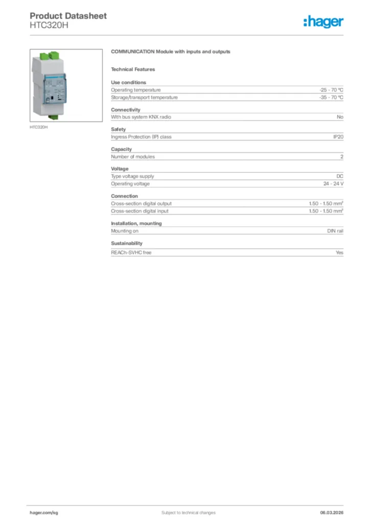Image Hager Product data sheet HTC320H  | Hager
