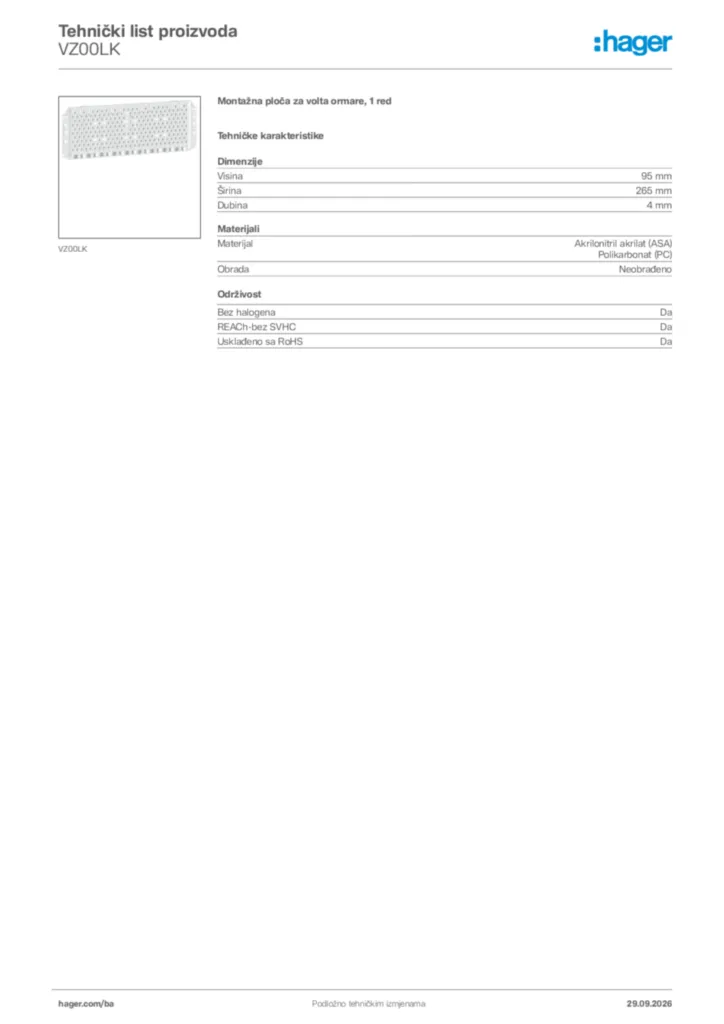 Slika Hager Tehnički list proizvoda VZ00LK  | Hager