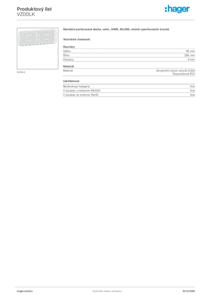 Obrázek Hager Produktový list VZ00LK | Hager
