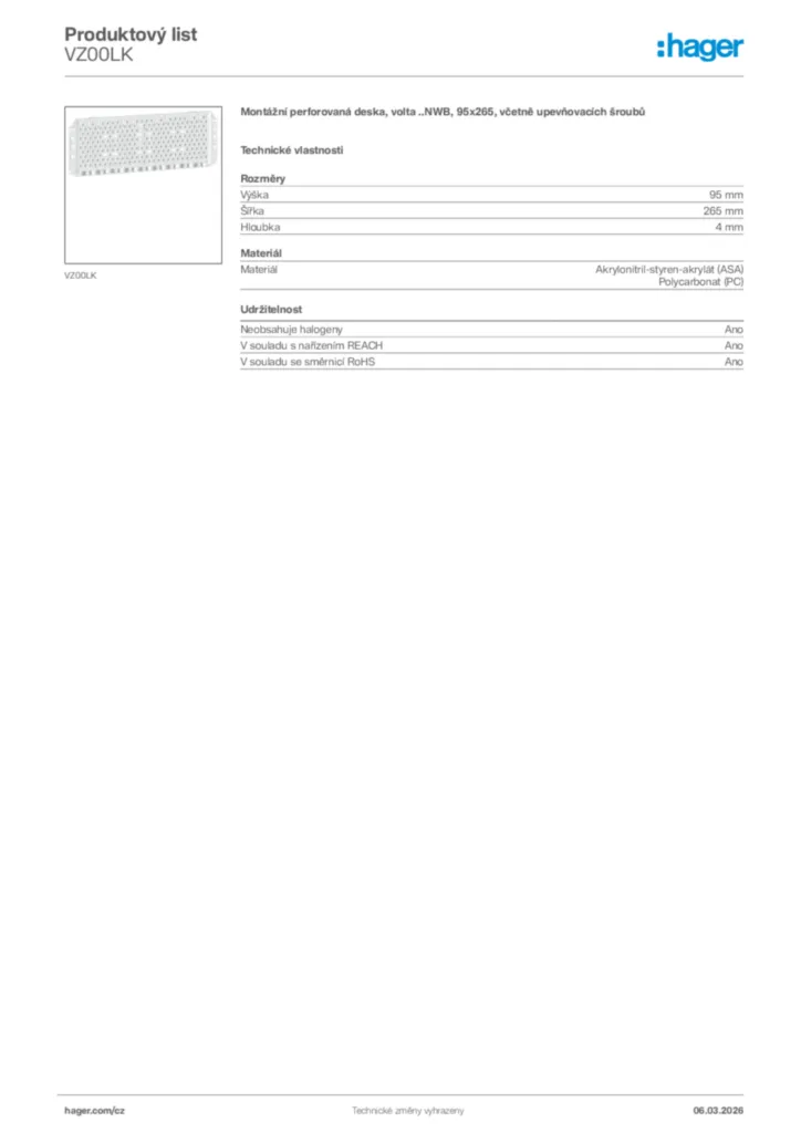 Obrázek Hager Product data sheet VZ00LK | Hager