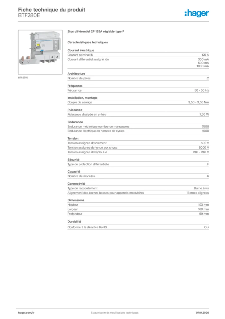 Image Hager Fiche technique du produit BTF280E | Hager France