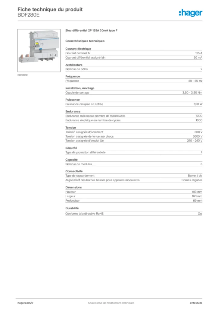 Image Hager Fiche technique du produit BDF280E | Hager France