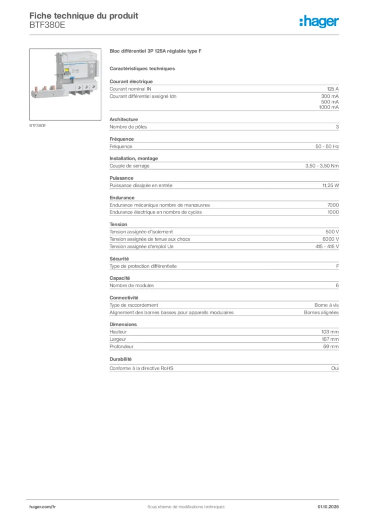 Image Hager Fiche technique du produit BTF380E | Hager France