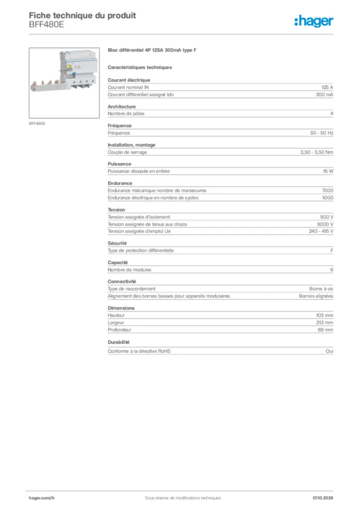 Image Hager Fiche technique du produit BFF480E | Hager France