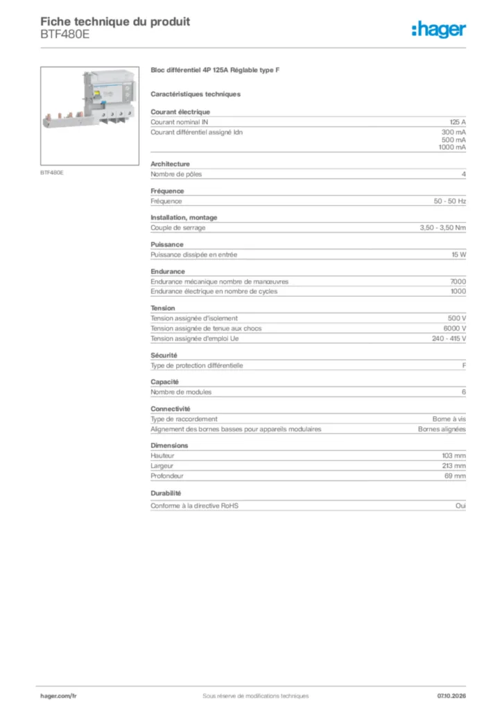 Image Hager Fiche technique du produit BTF480E | Hager France