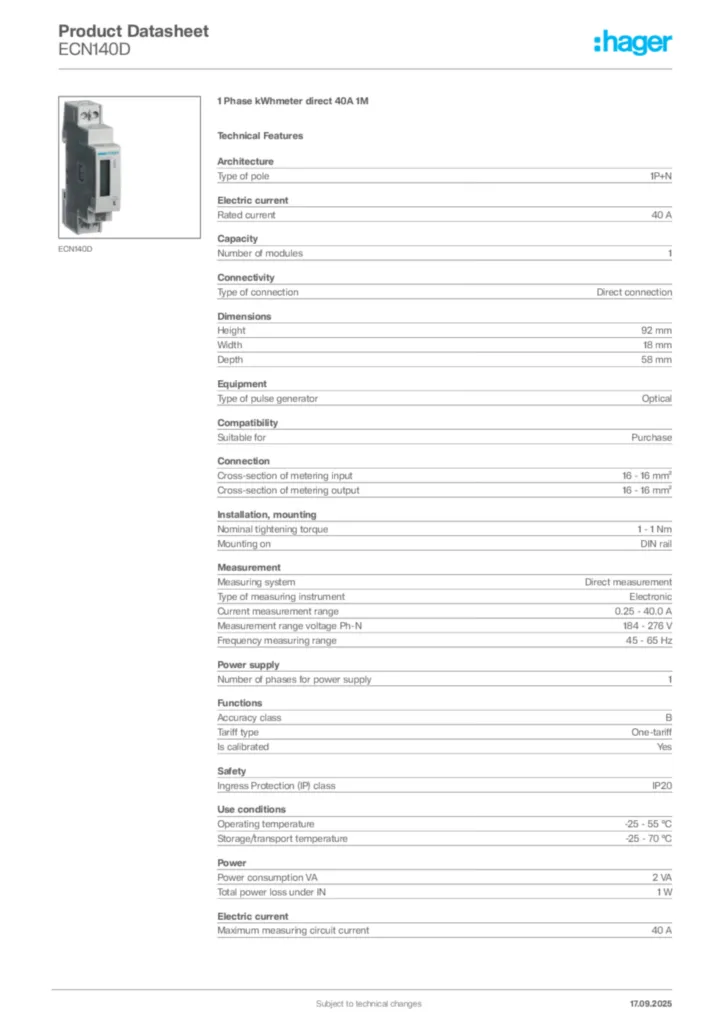 Image Hager Product data sheet ECN140D  | Hager Africa