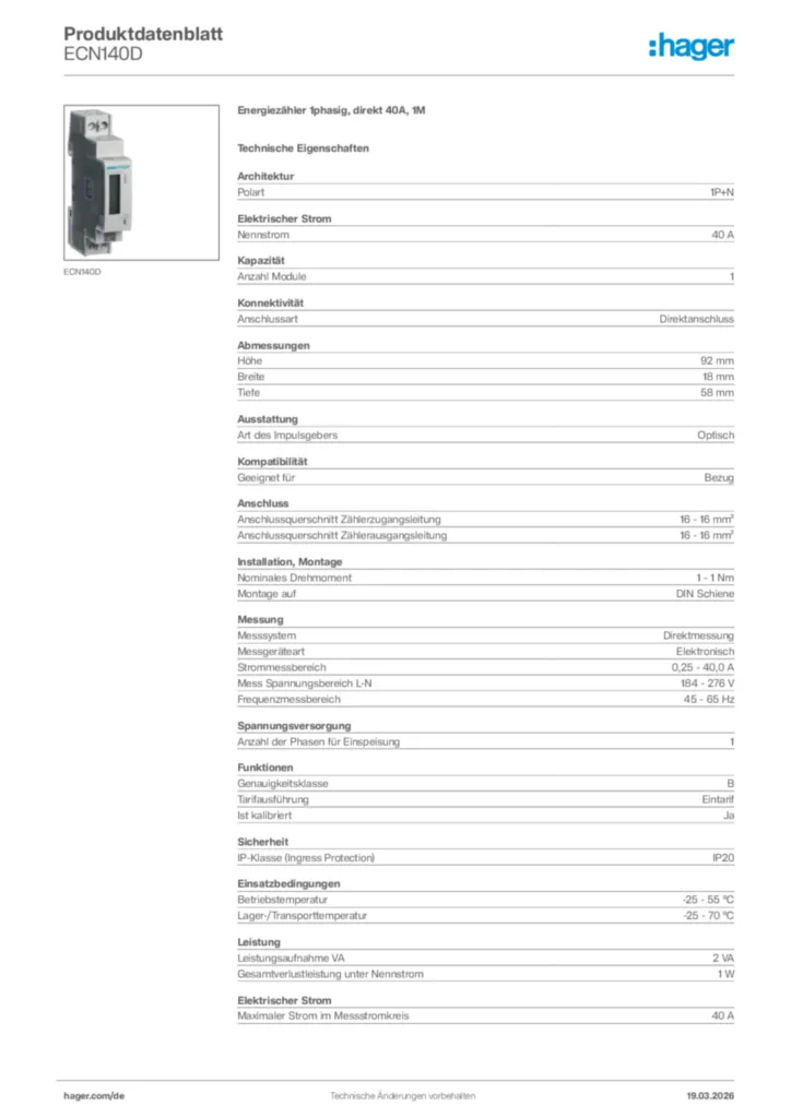 Bild Hager Produktdatenblatt ECN140D | Hager Deutschland