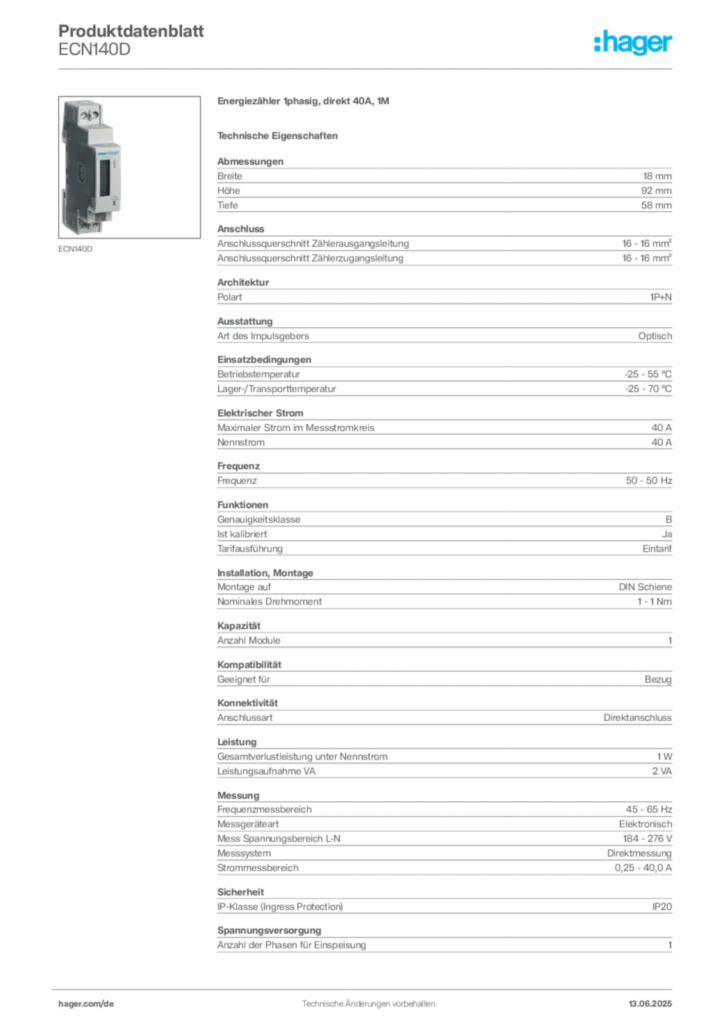 Bild Hager Produktdatenblatt ECN140D | Hager Deutschland