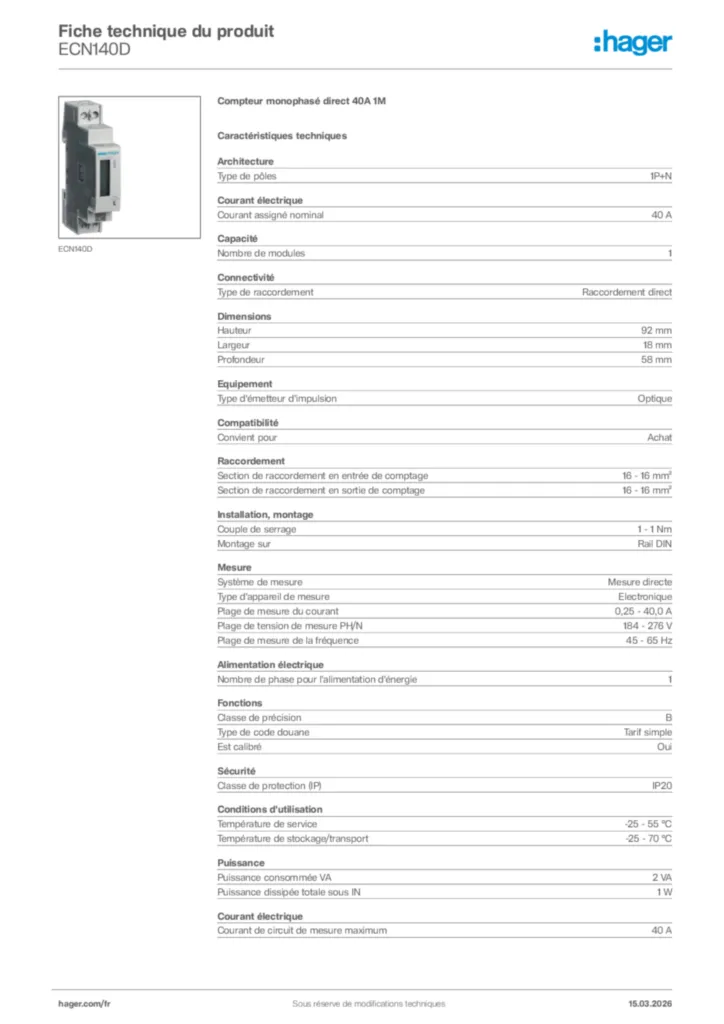 Image Hager Fiche technique du produit ECN140D | Hager France