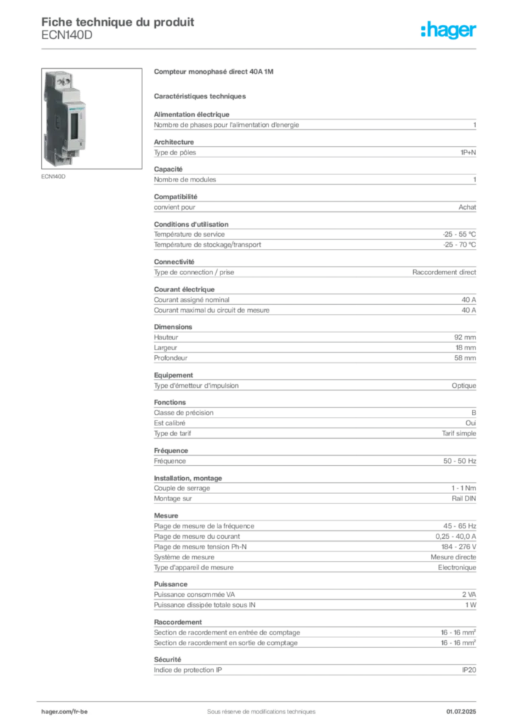 Image Hager Fiche technique du produit ECN140D | Hager Belgique