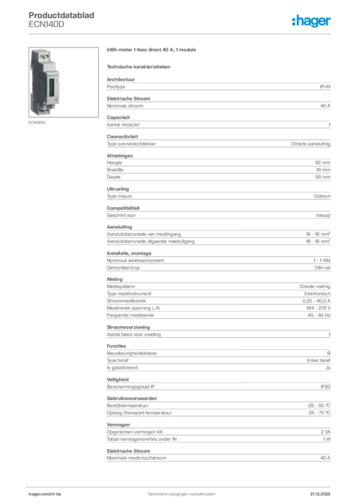 Afbeelding Hager Productdatablad ECN140D | Hager Belgium