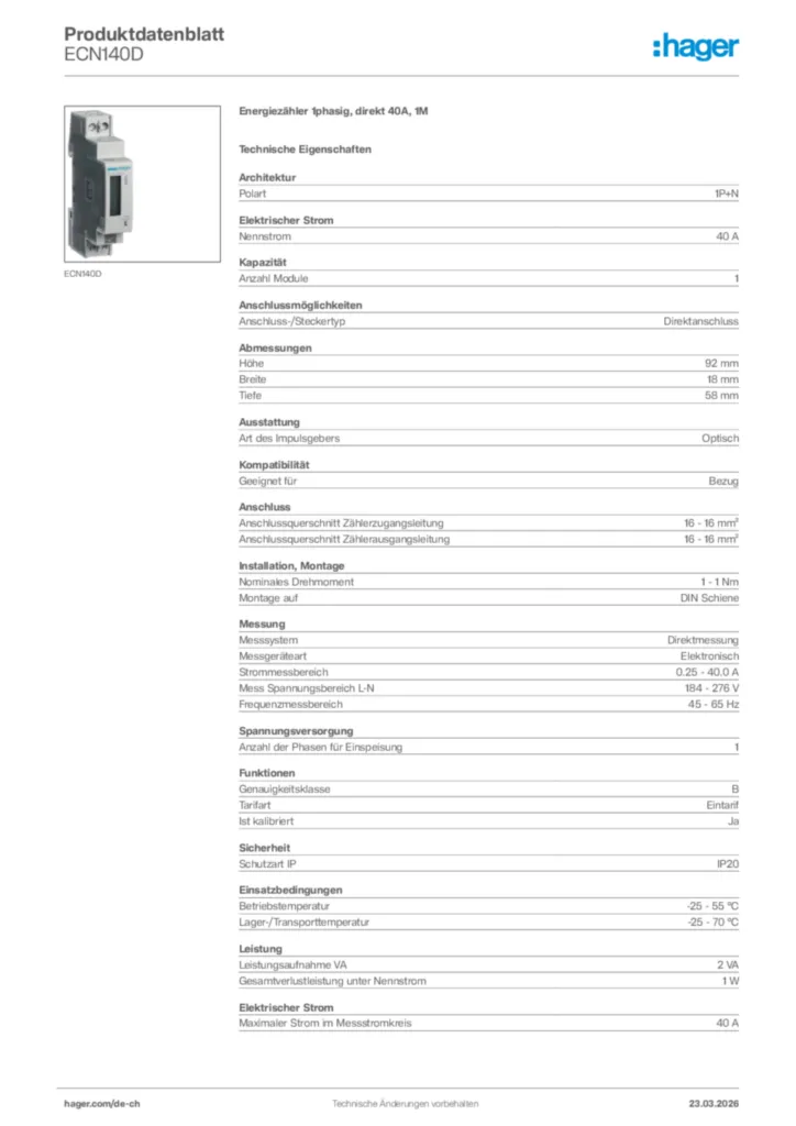 Bild Hager Produktdatenblatt ECN140D | Hager Schweiz