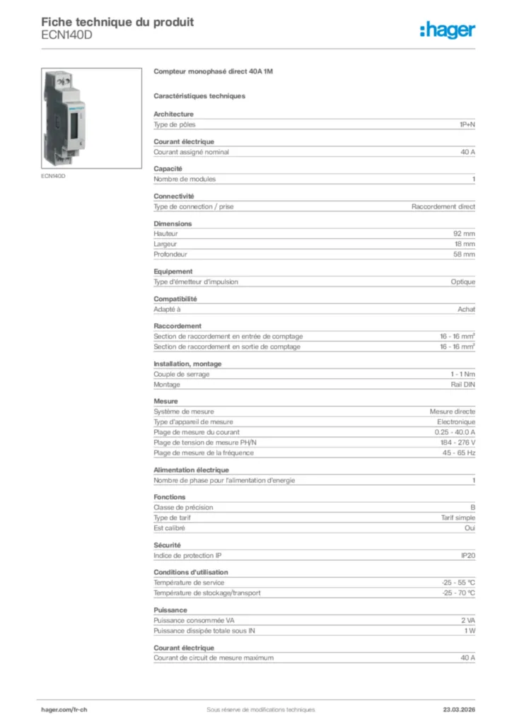 Image Hager Fiche technique du produit ECN140D | Hager Suisse