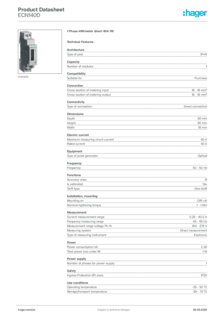 Image Hager Product data sheet ECN140D  | Hager