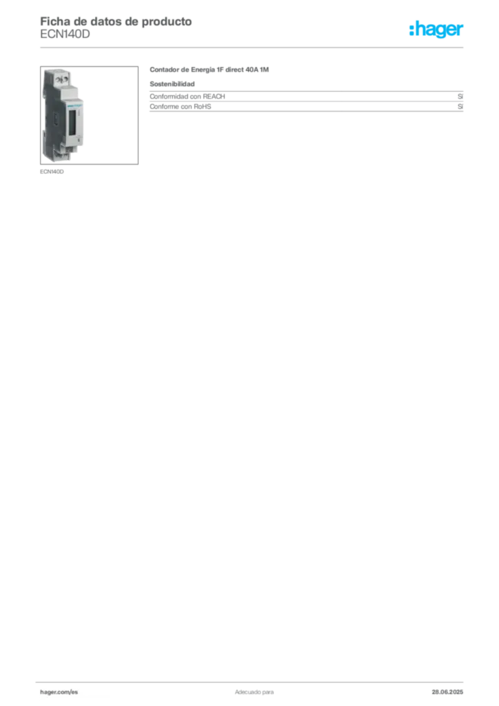 Imagen Hager Ficha de datos de producto ECN140D | Hager España